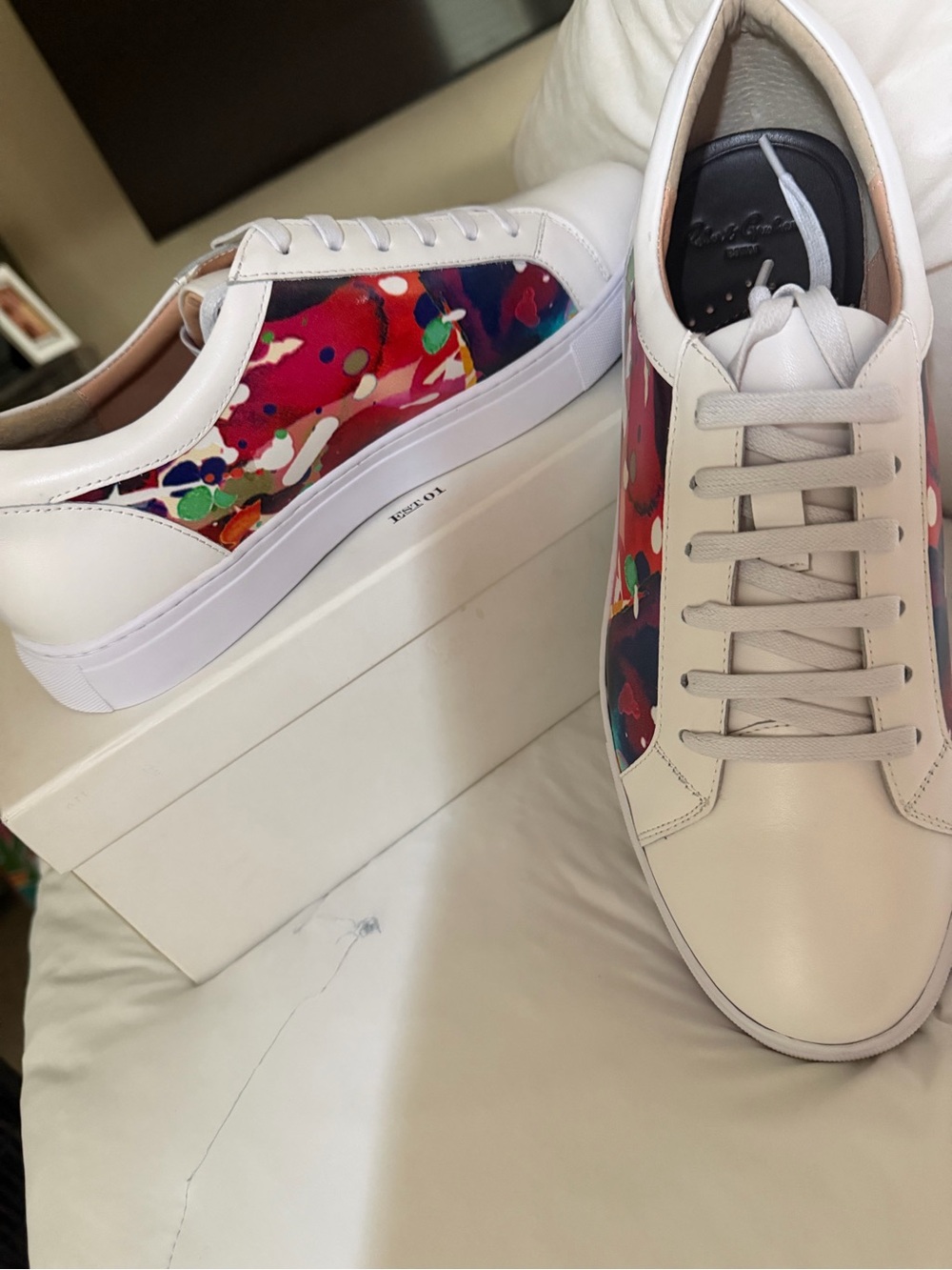 Men's Luxury White Leather Robert Graham Sneakers with Multicolor Art Panel